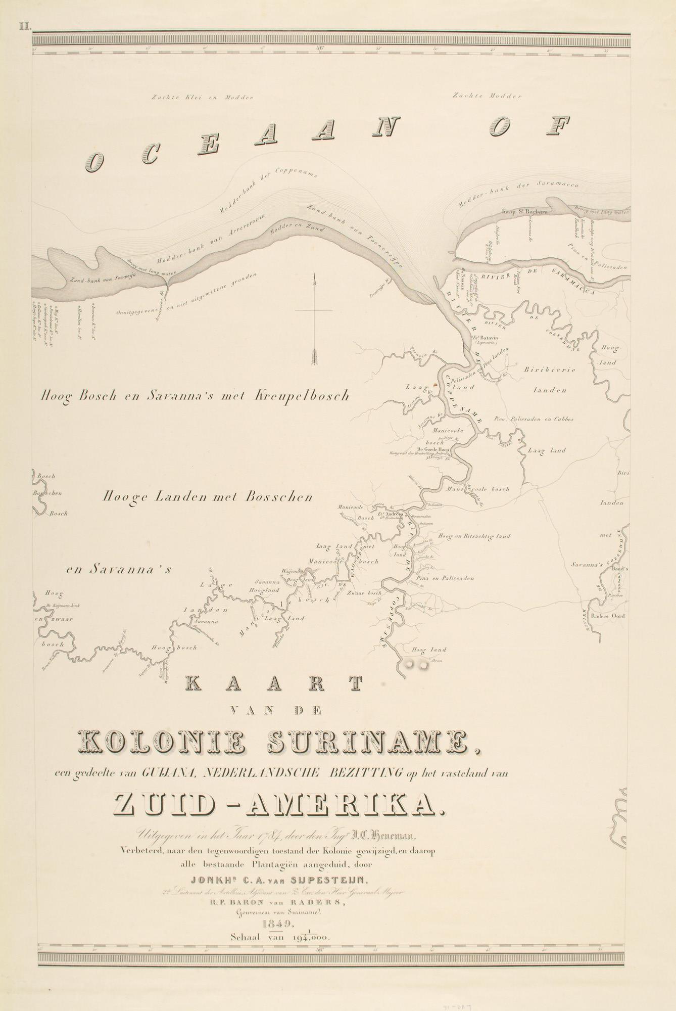 1998.3387; Kaart in 4 bladen van de kolonie Suriname en een deel van Guyana; landkaart