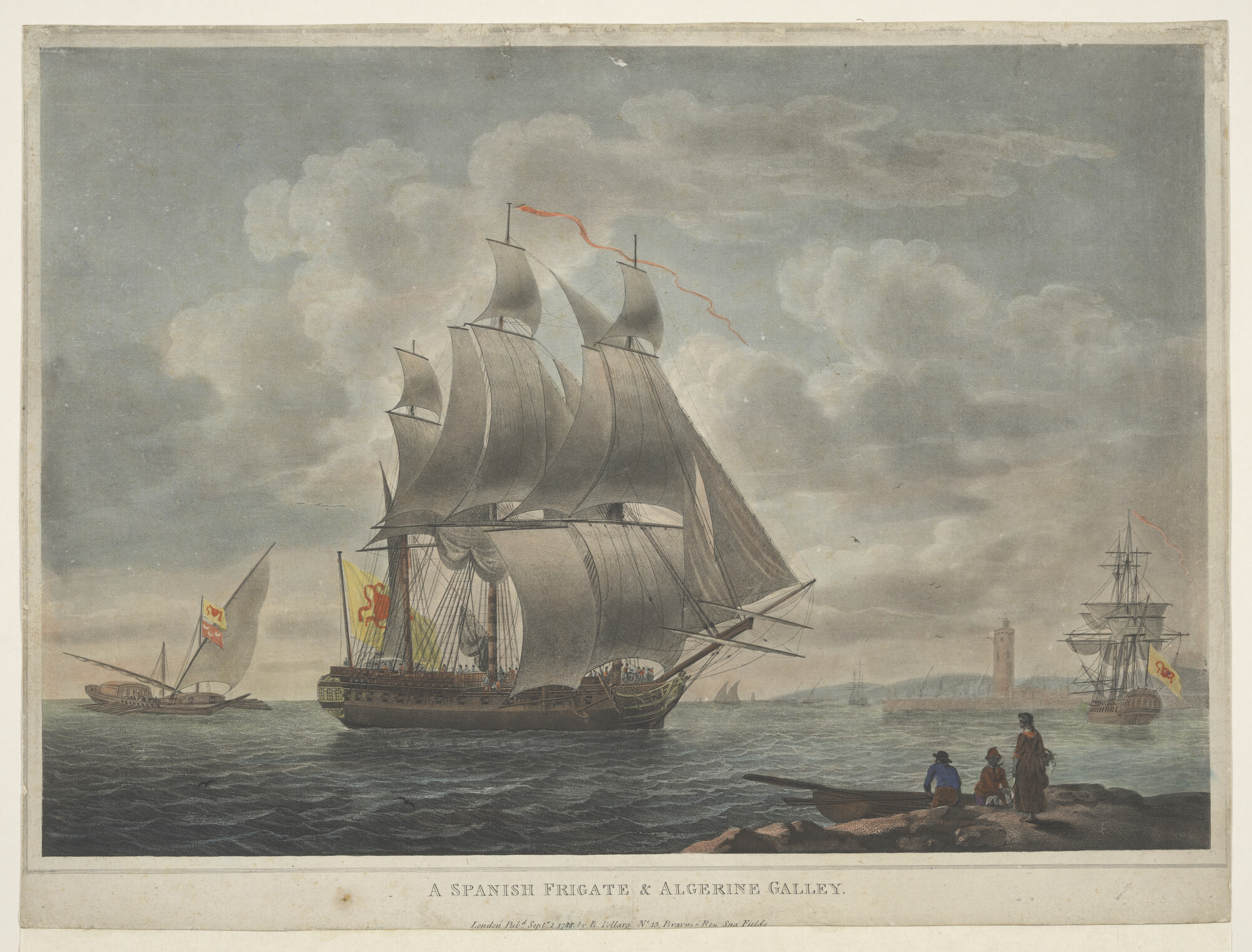 A.1720(02)c; Een Spaans fregat en Algerijns galei; prent
