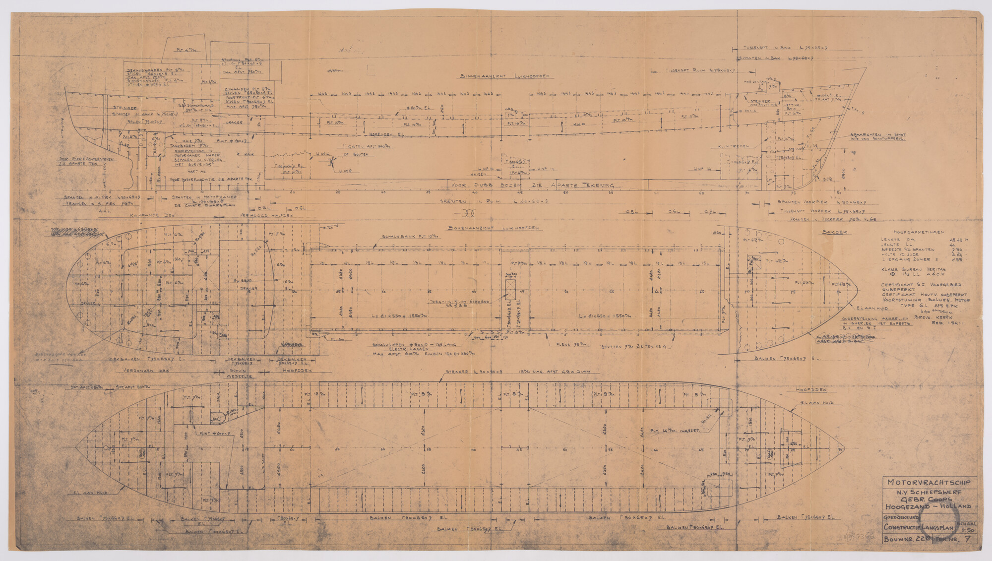 1995.7356; Constructieplan (1:50) van de coaster ms. 'Avenir' van F. Alberts; technische tekening