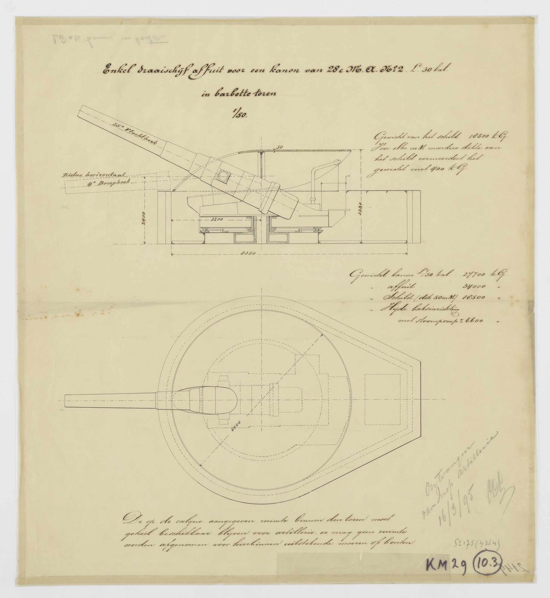 S.2175(4364); Doorsneden van het 28 cm A kanon L/30 in barbette toren; technische tekening