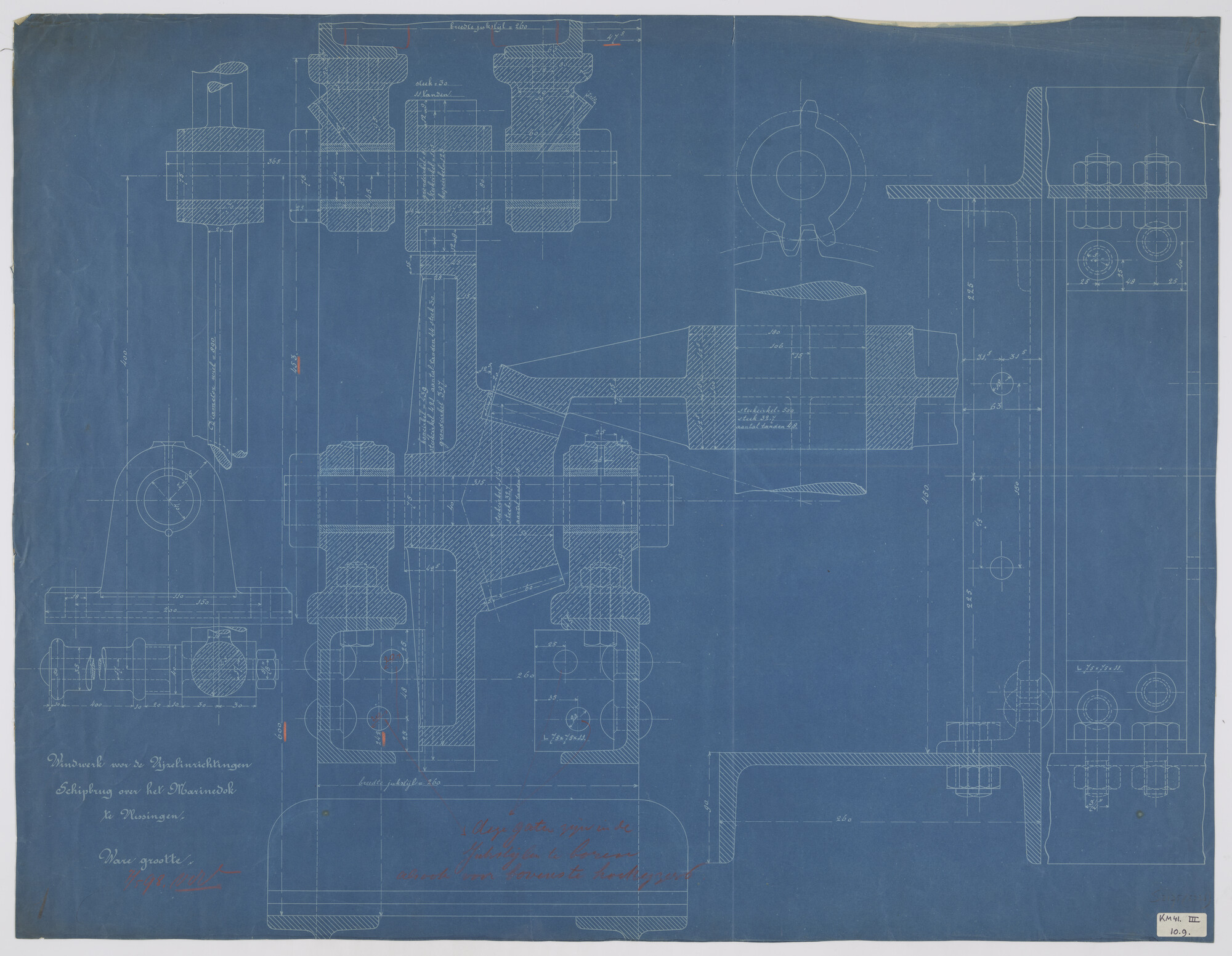 S.2175(5336); Doorsneden van het windwerk van de vijzelinrichtingen van de brugschepen uit de schipbrug over het Marinedok bij de Koninklijke Maatschappij 'De Schelde' te Vlissingen; technische tekening
