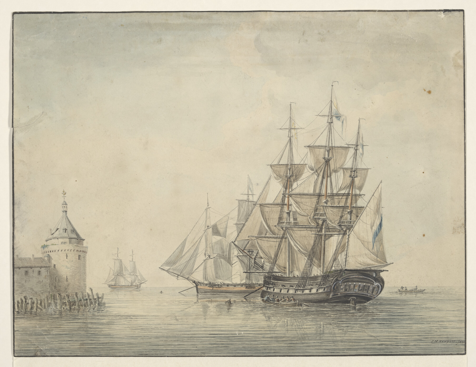 A.2123(01); Een fregatschip en twee brikschepen ten anker voor Veere; tekening