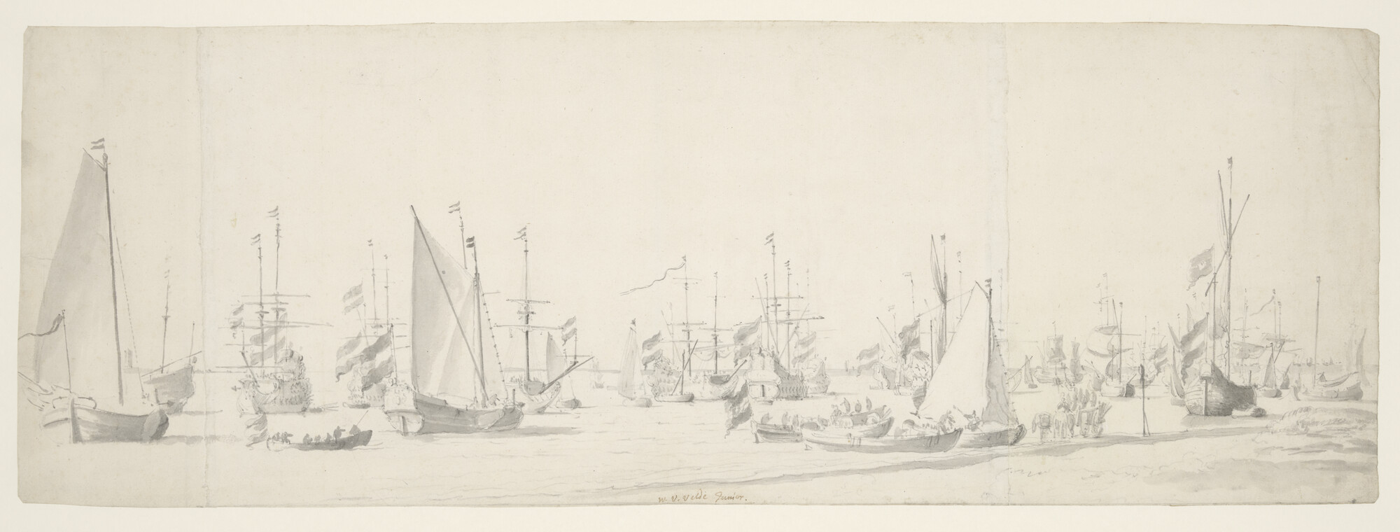 A.0944(03); De Nederlandse vloot voor anker liggend op de Vlierede; tekening