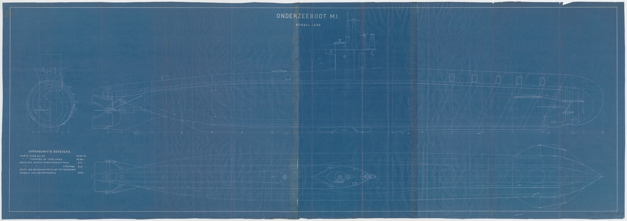 S.2175(3811); Zijaanzicht, bovenaanzicht en spantenraam onderzeeboot-mijnenlegger Hr.Ms. 'M 1'; technische tekening