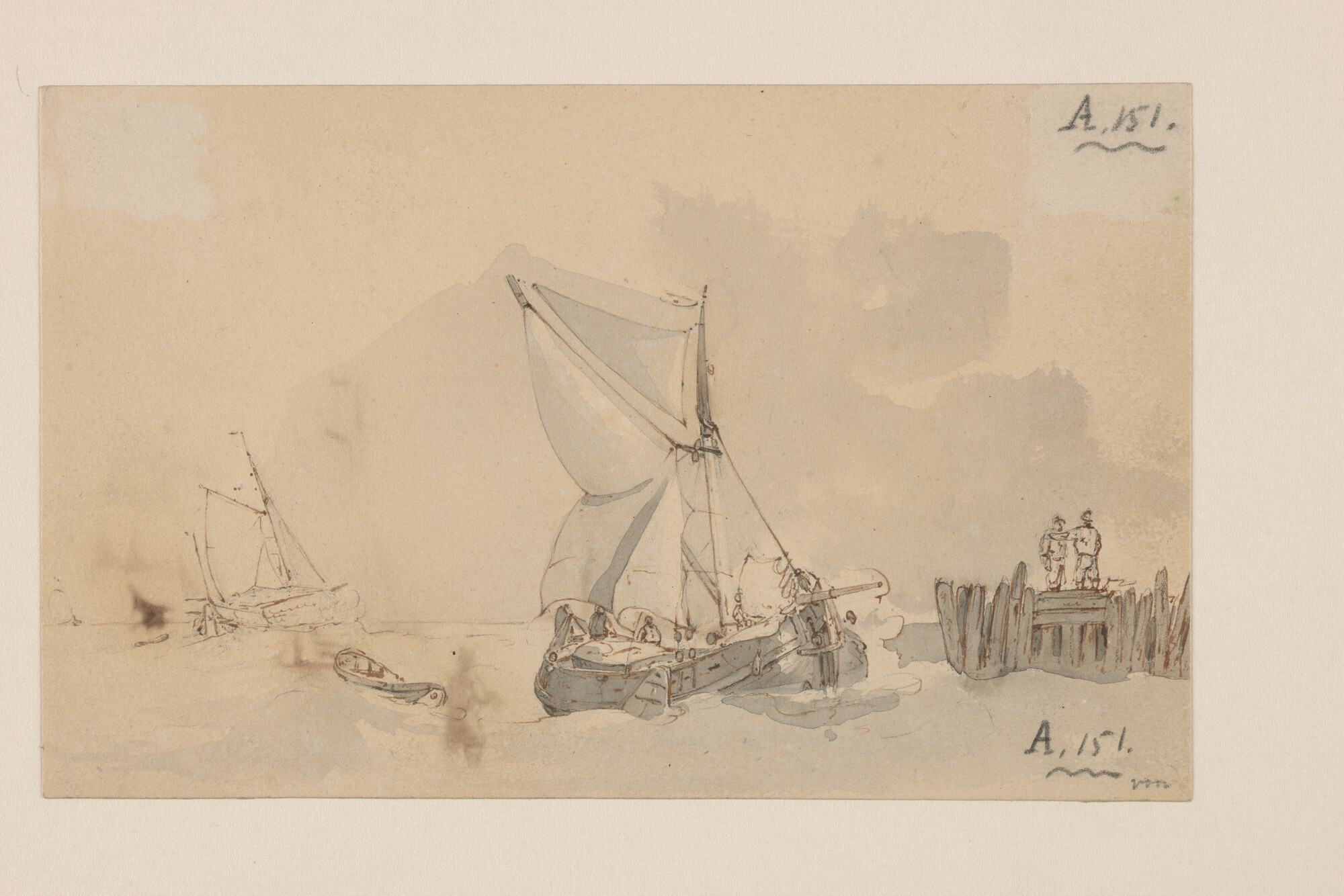 A.0151(113); Gaffelschip nabij een havenhoofd en verso een getijhaven; tekening