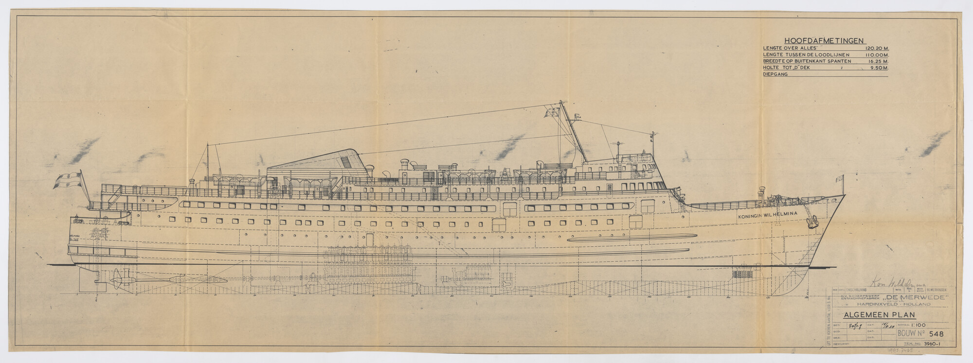 1995.7465; Algemeen plan (1:100) van de veerboot Koningin Wilhelmina van de [...]; technische tekening