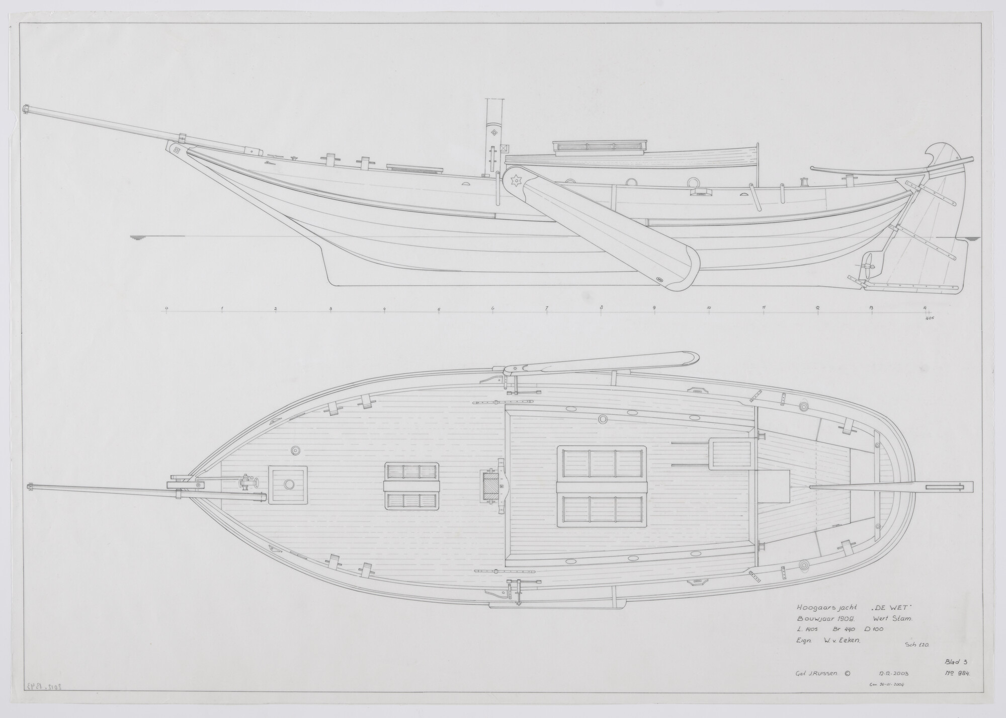 2012.1343; Algemeen plan van het hoogaarsjacht 'De Wet' van 14.05 meter; technische tekening