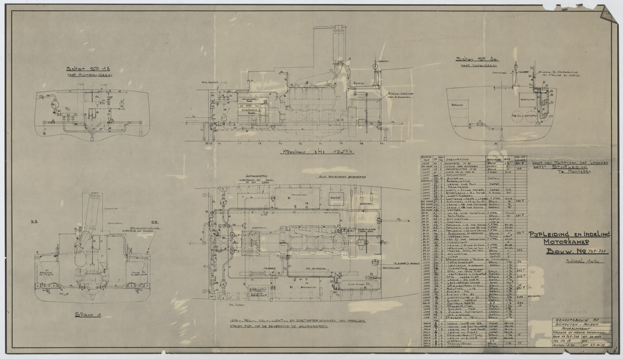 2005.1930; Pijpleiding en indeling van de motorkamer van een motorsleepboot; technische tekening