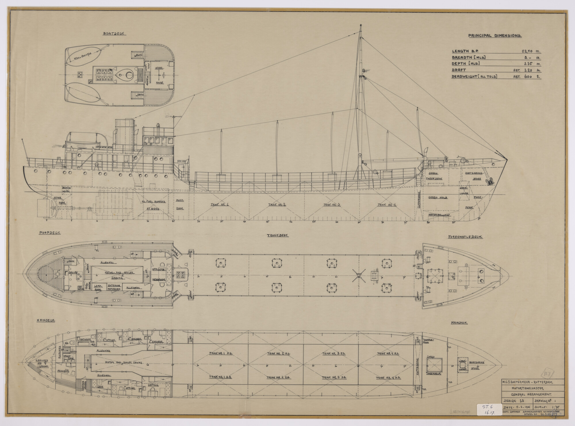 S.4827(0649); Algemeen planm van een motorcoaster, 600 ton DW, voor Solleveldt te Rotterdam; technische tekening