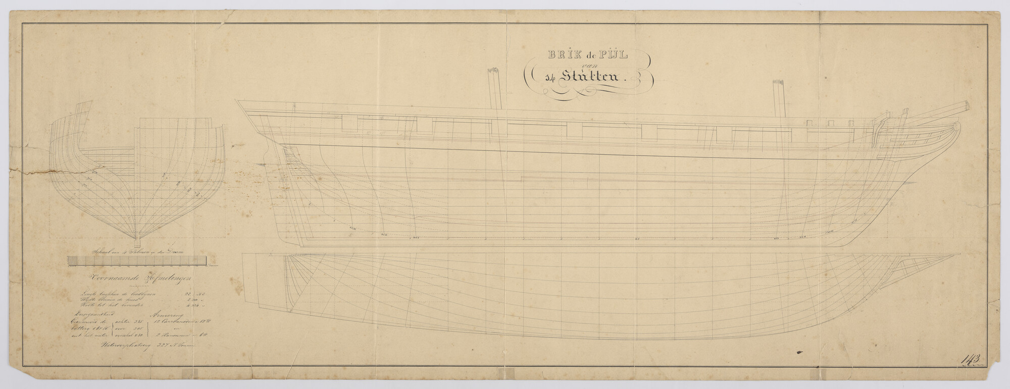 S.1214(0200); Lijnenplan van de brik Zr.Ms. Pijl; technische tekening