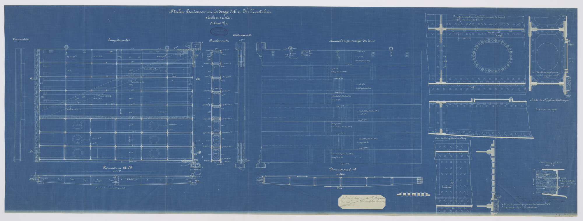 S.2175(5305); Doorsneden en aanzichten van de stalen keerdeuren voor het droge dok (Jan Blanken Jansz.) bij de marinewerf te Hellevoetsluis; technische tekening