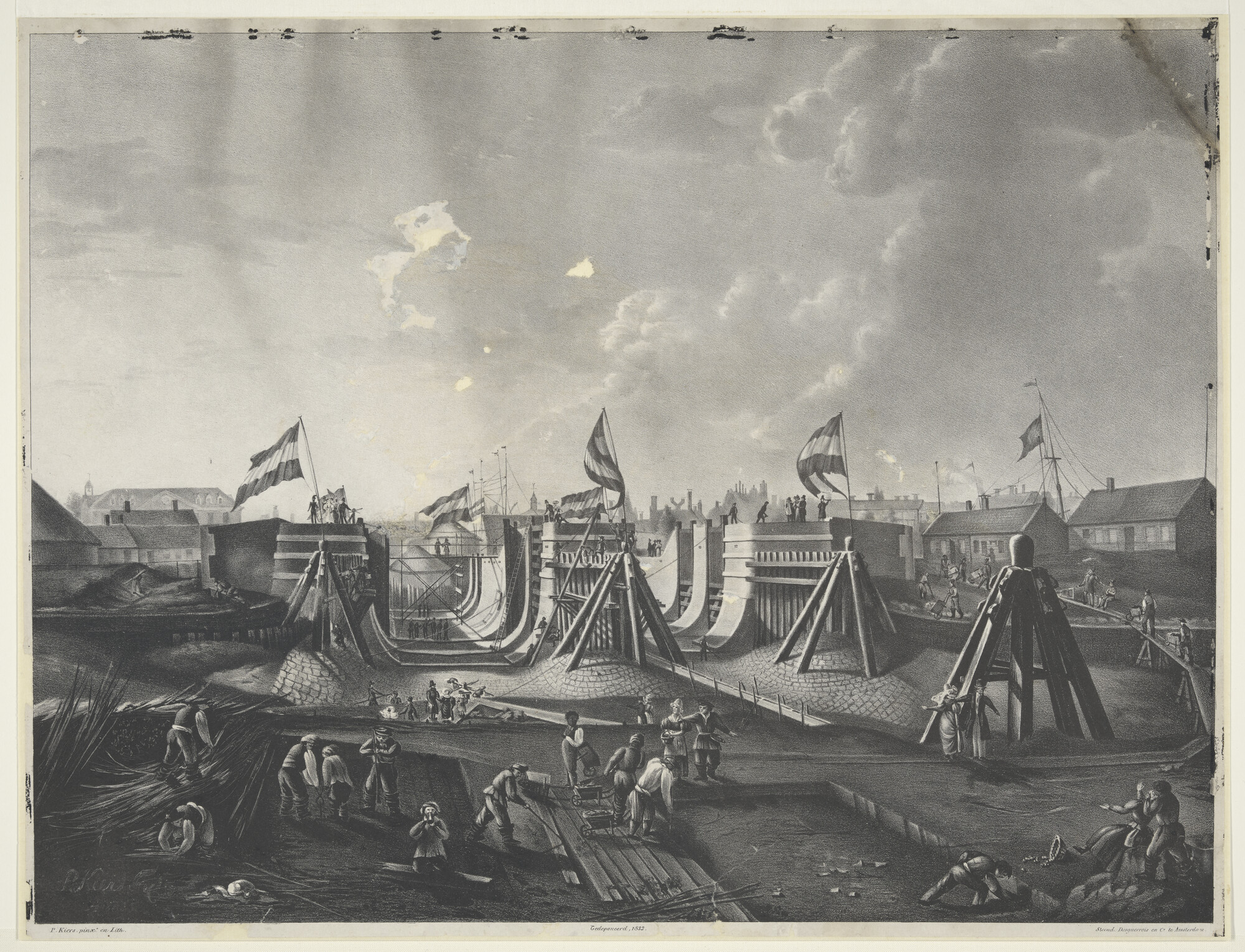 S.3338(01); De Oostelijke doksluizen voor de stad Amsterdam; prent