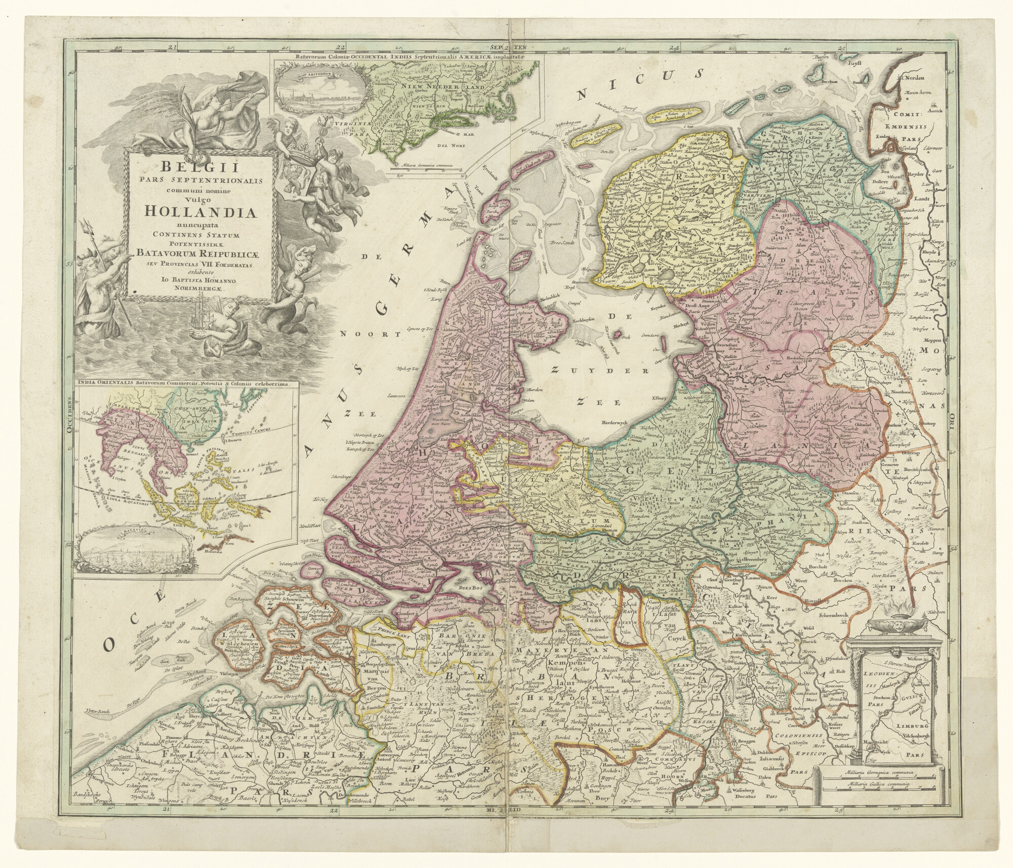 A.0145(211)081; Met de hand gekleurde kaart van de Republiek, met detailkaarten van India, Indonesië & Nieuw Nederland & aanzichten van Batavia & Nw Amsterdam; landkaart