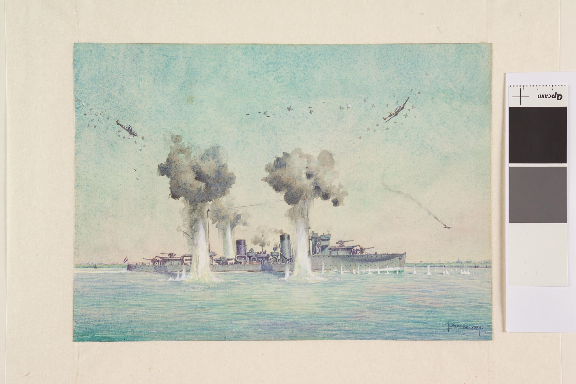 S.7217(06); Hr.Ms. 'Van Galen' tijdens het bombardement op de Nieuwe Waterweg in Mei 1940; tekening