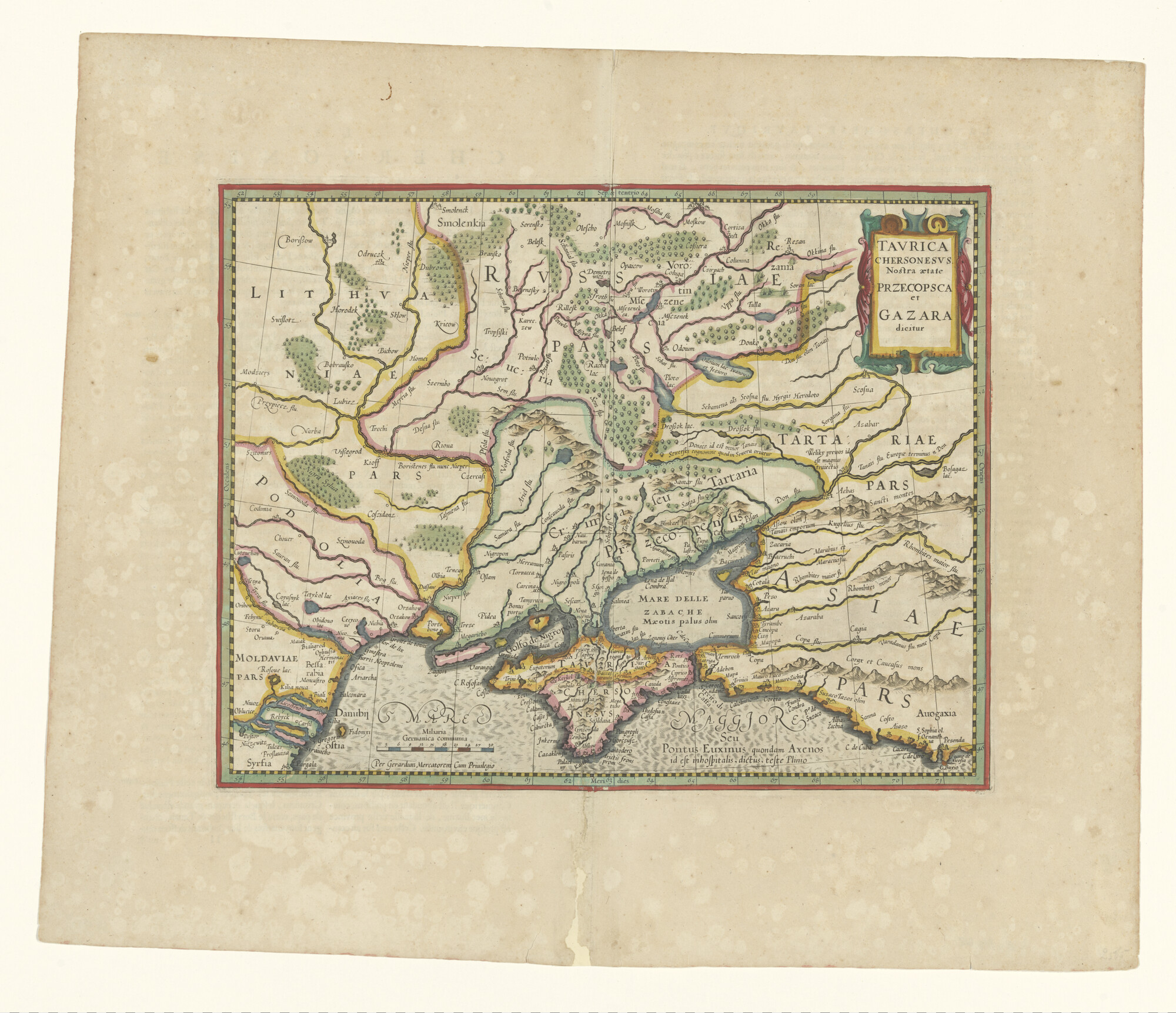 A.0145(211)030; Met de hand gekleurde kaart van Oost-Europa benoorden de Zwarte Zee door Gerardus Mercator; landkaart