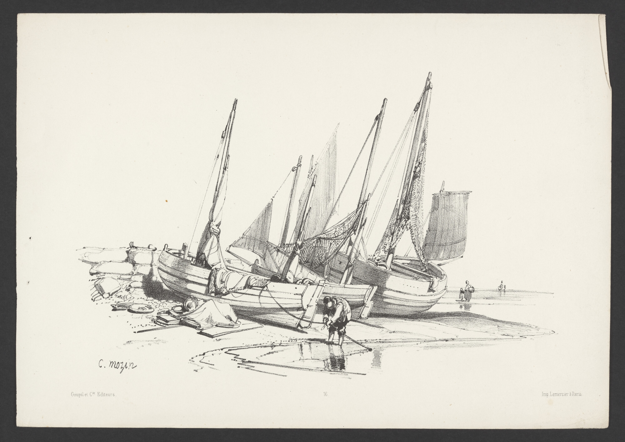 2023.0411; Prent van drie droogliggende vissersschepen; prent