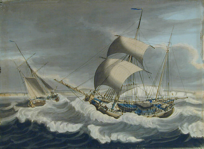 S.1714(01); Het kofschip De Vrede en Hoop in het Kanaal bij Dover; tekening