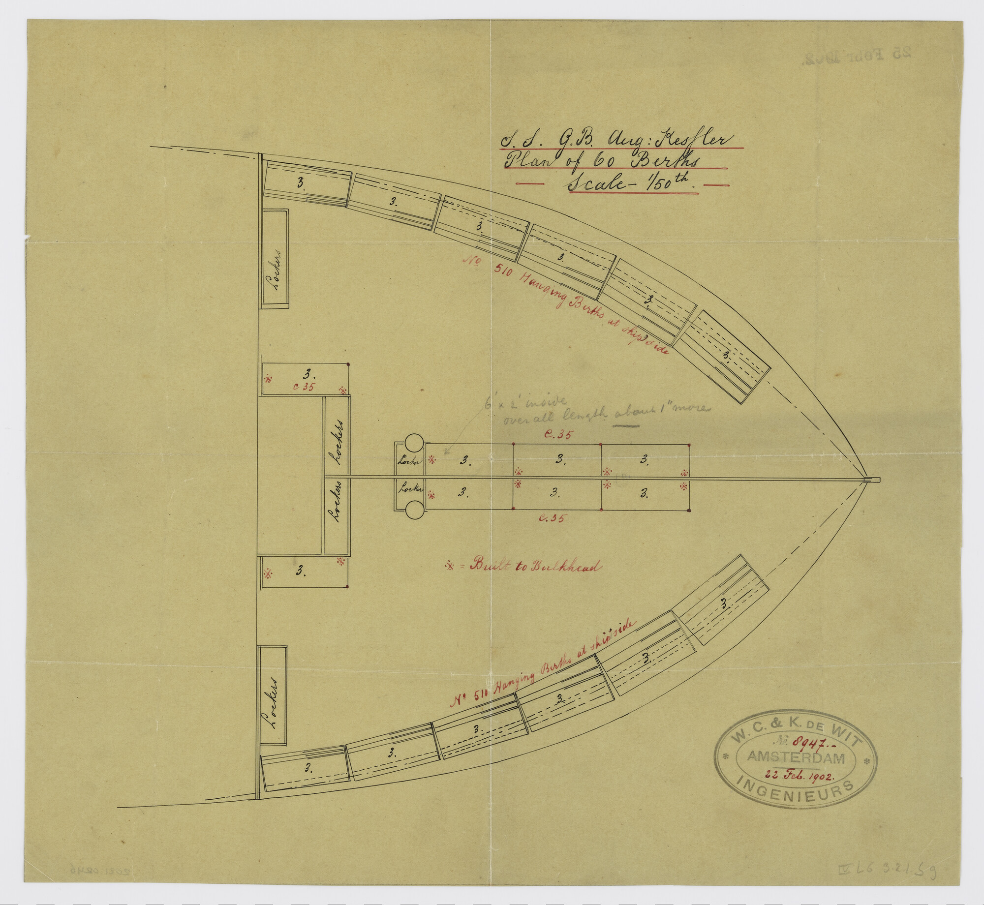 2021.0246; Bovenaanzicht van slaapvertrek met 60 kooien aan boord van de olietanker ss. J.B. August Kessler; technische tekening