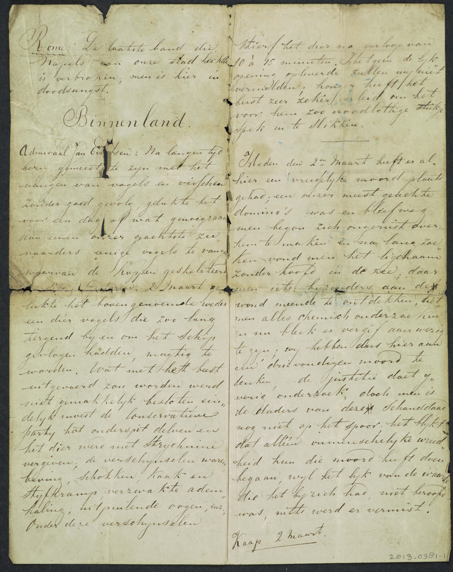 2013.0381; Boordkrant "De Dolphijn" van het fregatschip Admiraal Jan Evertsen, 5 maart 1857; krant