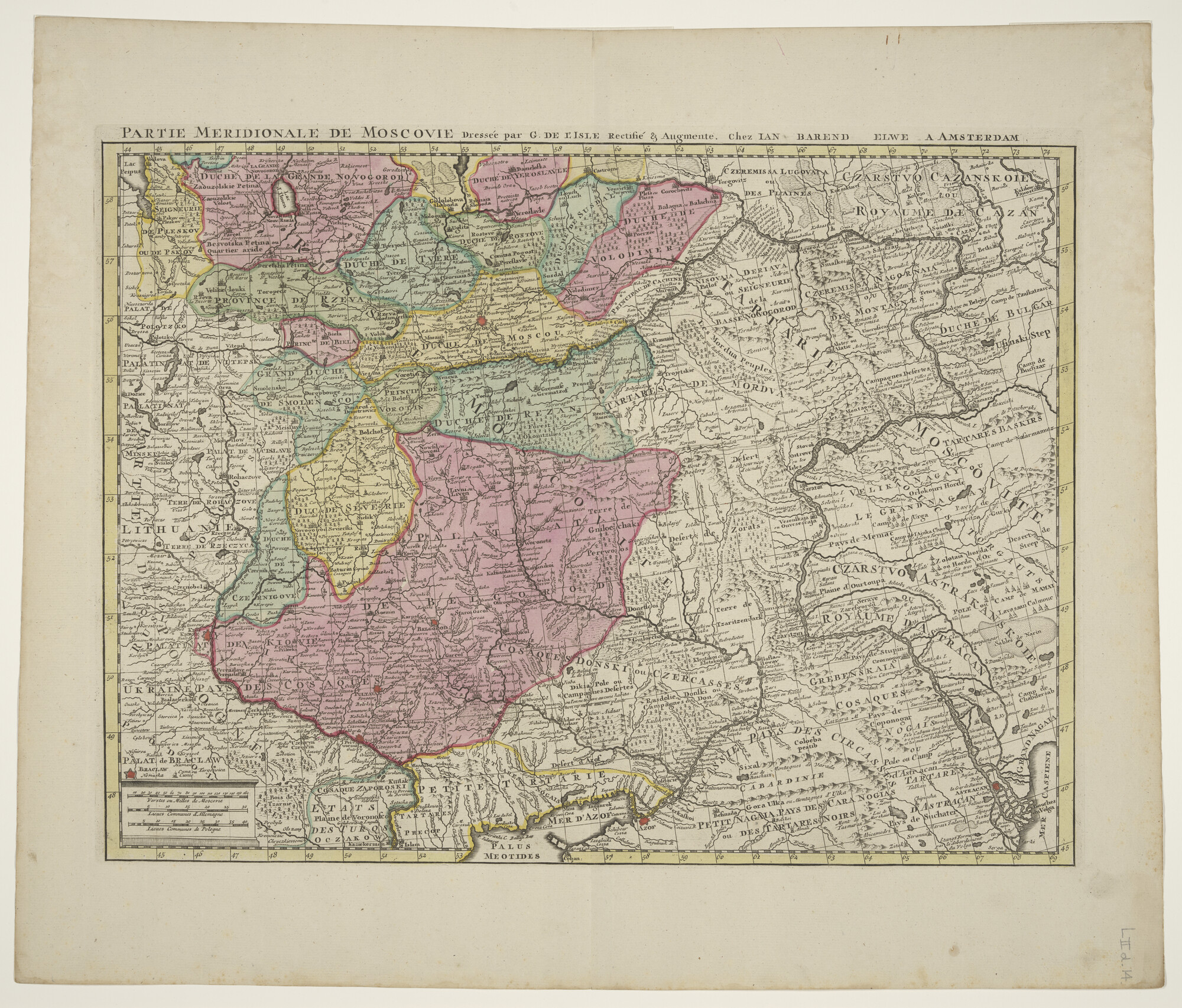 A.0145(211)180; Met de hand gekleurde kaart naar Guillaume De l'Isle (1675 - 1726), van Moscovië; landkaart