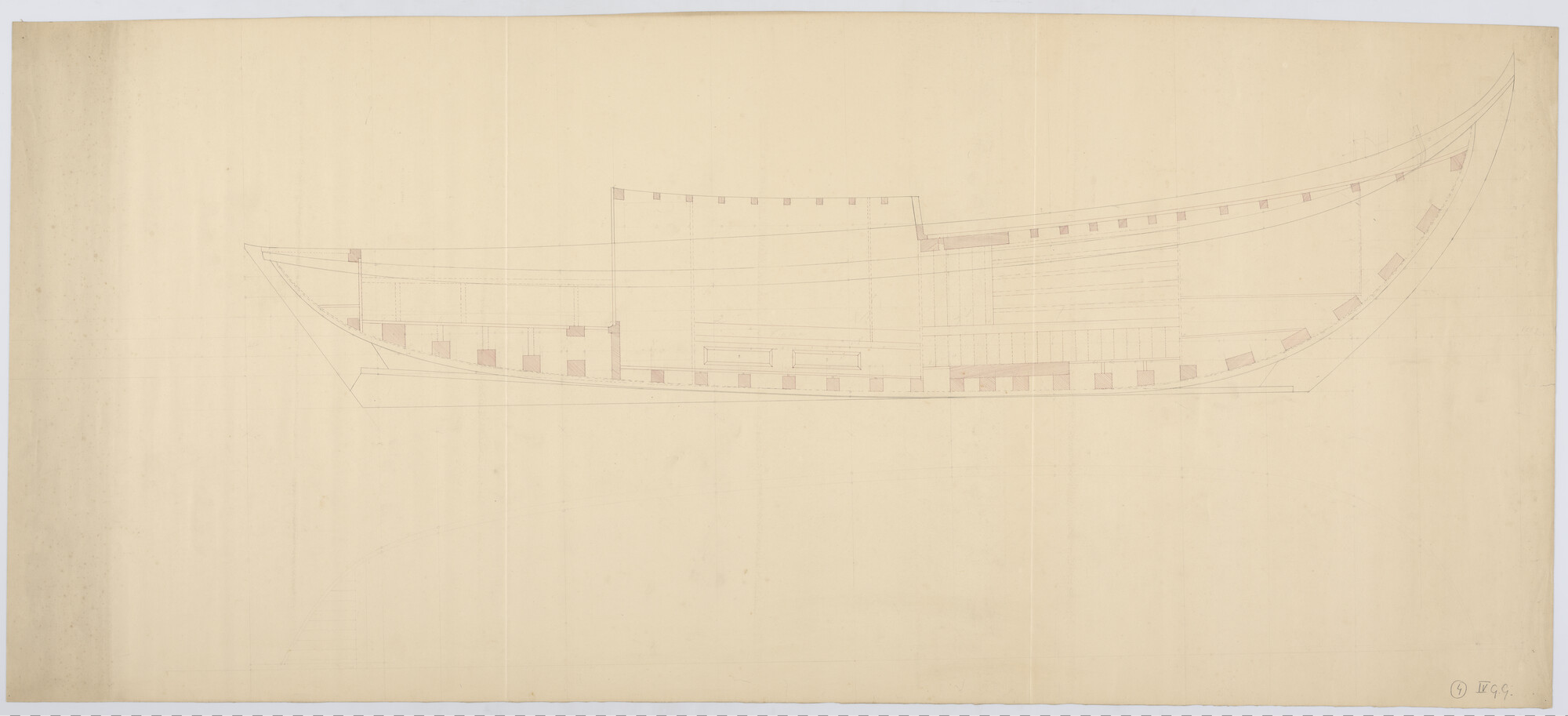 S.1300(01)070; Verticale langsdoorsnede van een botter; technische tekening