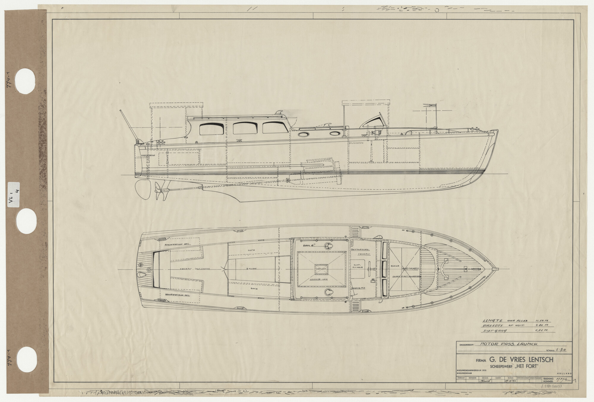 S.5180(0005); Algemeen plan van een passagierslaunch; technische tekening