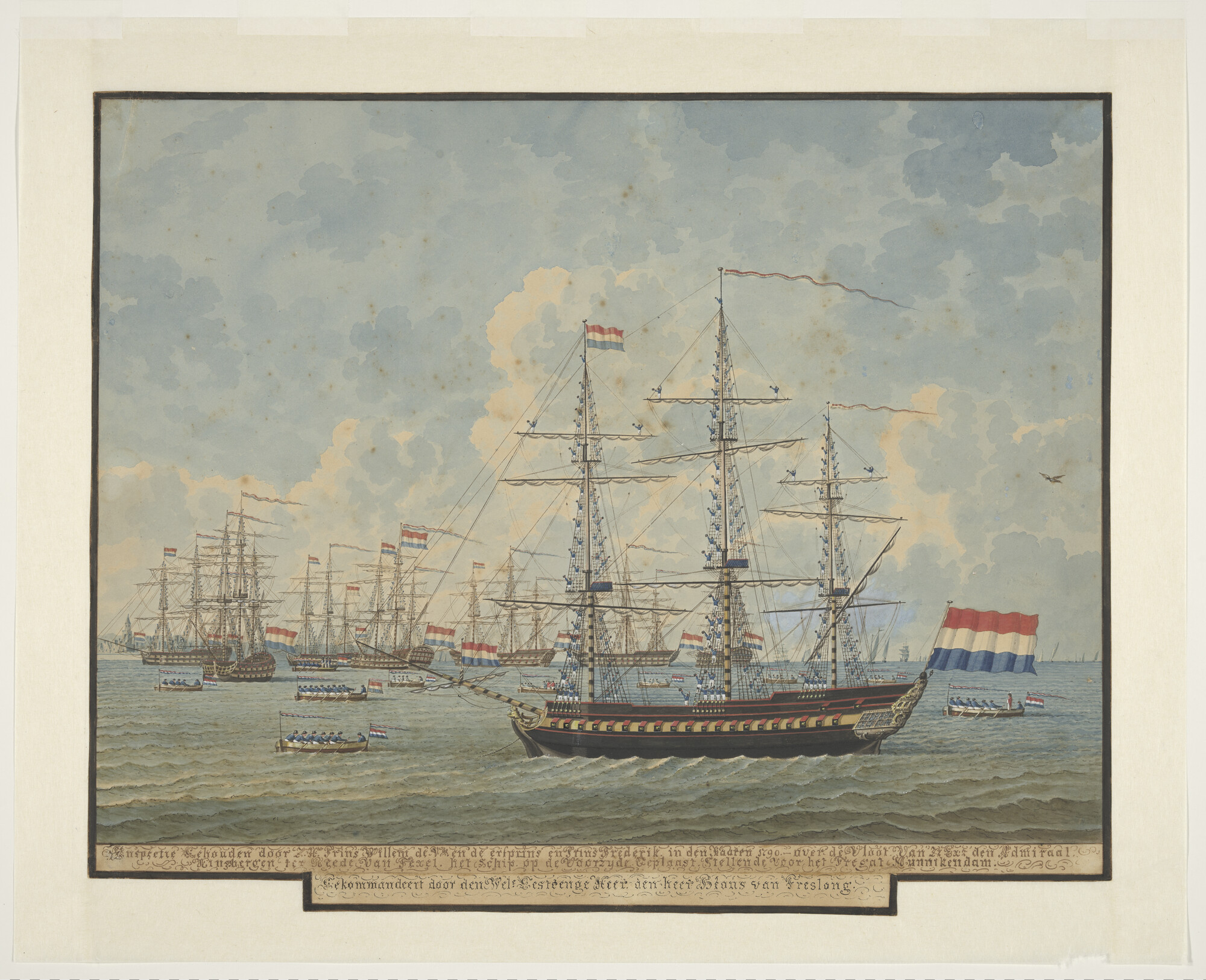 A.5341; Bezoek van stadhouder prins Willem V en erf-prins Willem Frederik aan de oorlogsvloot op de rede van Texel,1790; tekening