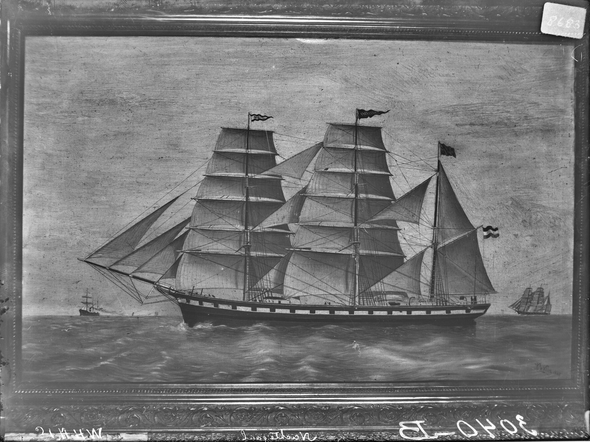 S.1156(06)135a2; Reproductienegatief van een schilderij van het barkschip 'Nachtegaal' afgemeerd liggend aan een kade in Amsterdam; negatief