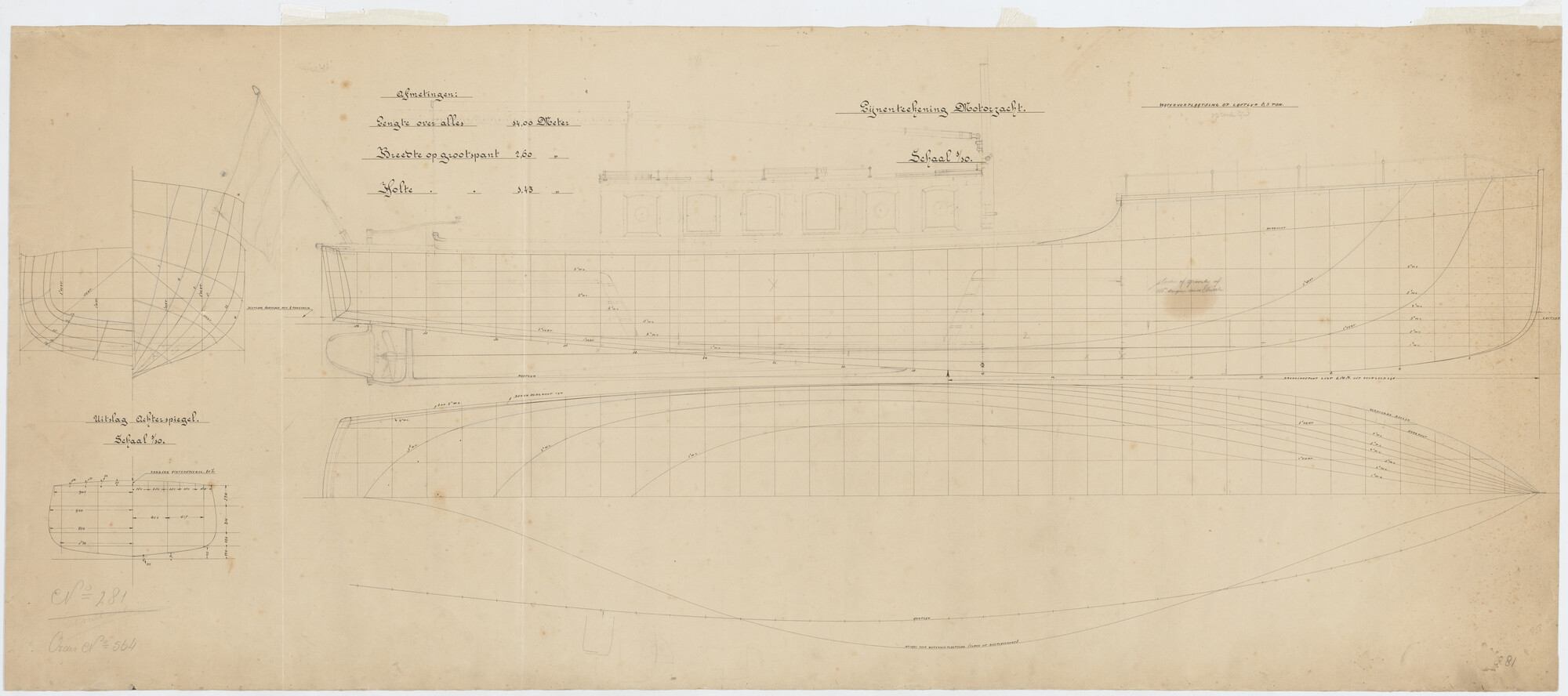 2012.0518; Lijnenplan met spantenraam van een motorjacht van 14 m; technische tekening
