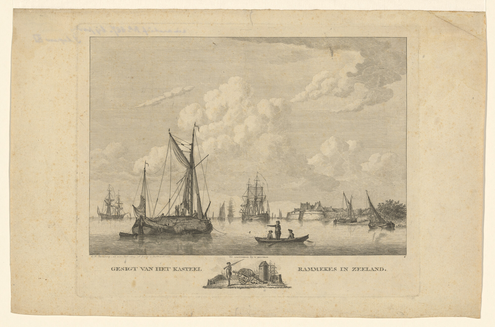 A.0149(0784); Gezicht op de Westerschelde bij fort Rammekens; prent