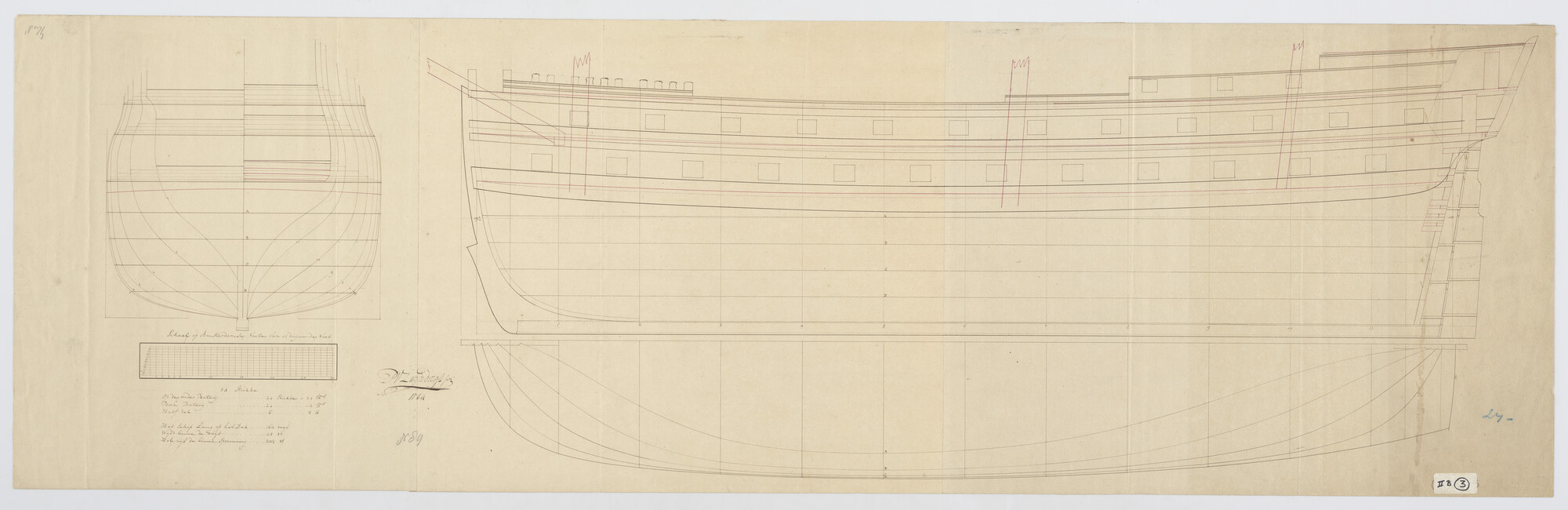 S.0594(04); Lijnenplan en lijst met kanonverdeling van een schip van 54 stukken; technische tekening