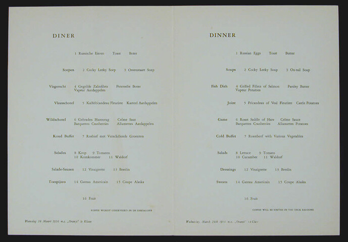 1994.6731; Menukaart voor een diner a/b ms. 'Oranje' van de SMN, 28 maart 1956; menukaart