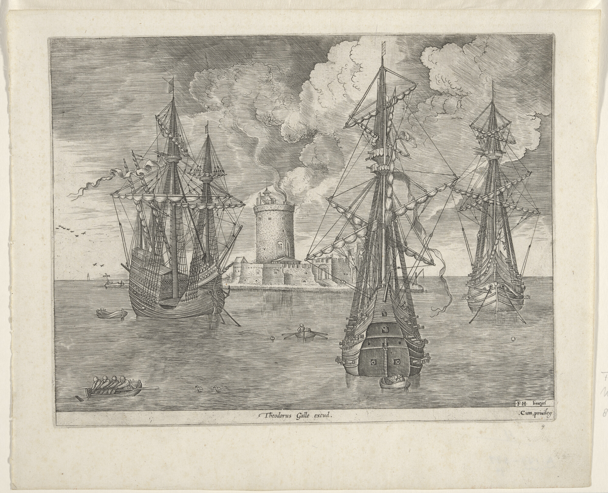 A.0149(0194); Drie oorlogsschepen voor anker bij een waterfort; prent