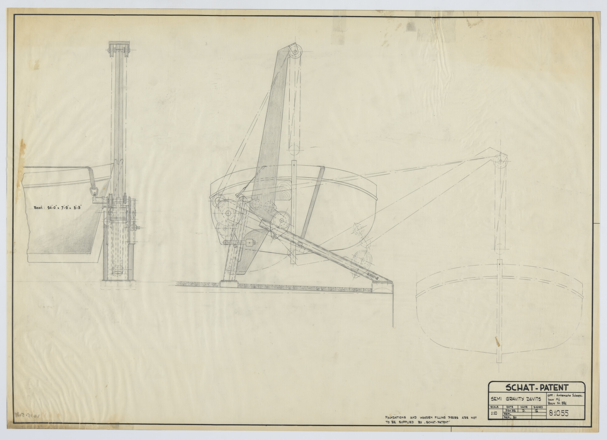 2015.5488; Semi Gravity Davits (zwaartekracht davits) (Schat-Patent) voor ms. Fair Head; technische tekening