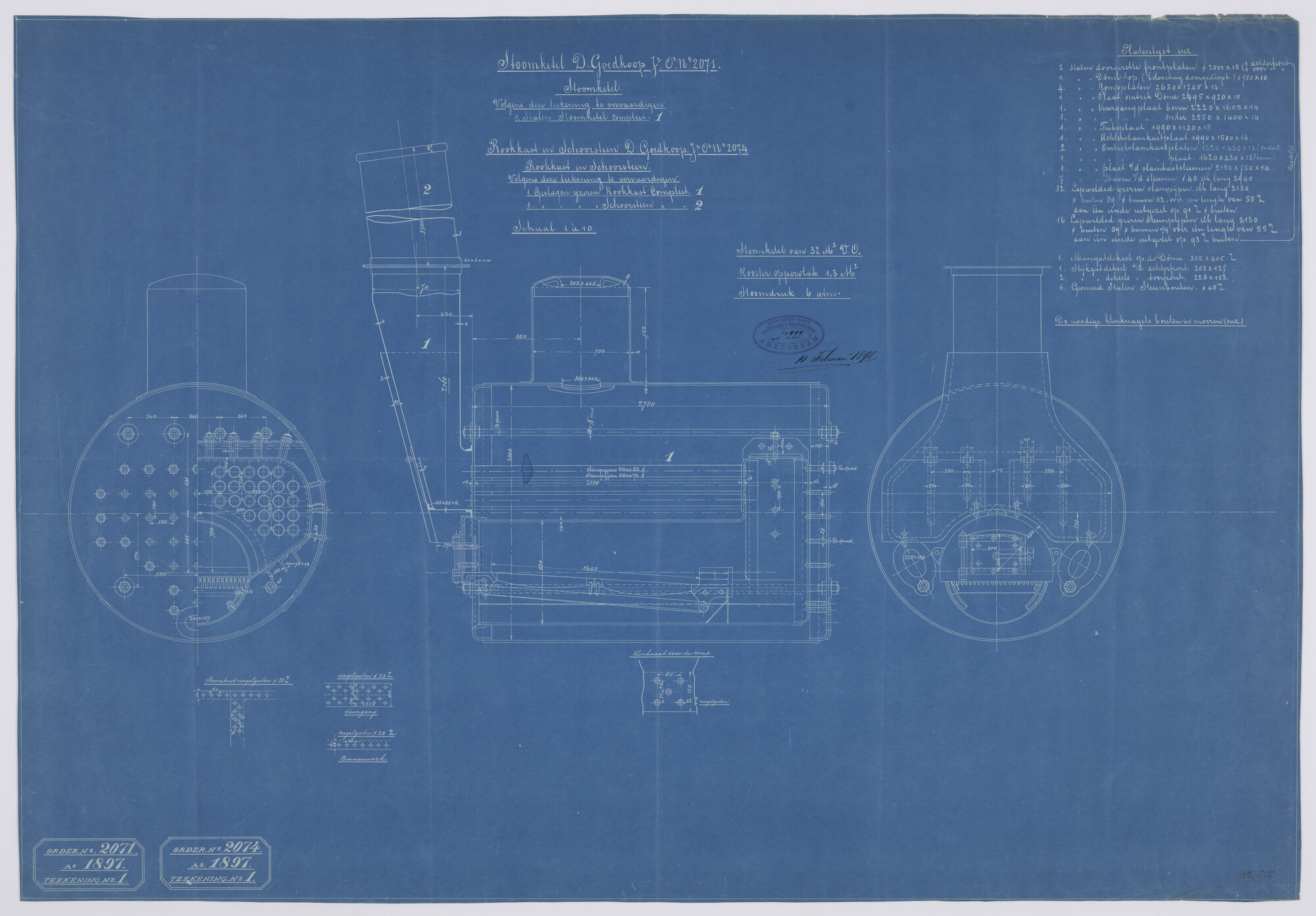 1995.3505; Stoomketel 32 m² voor vrachtschip ss. Dokkum; technische tekening