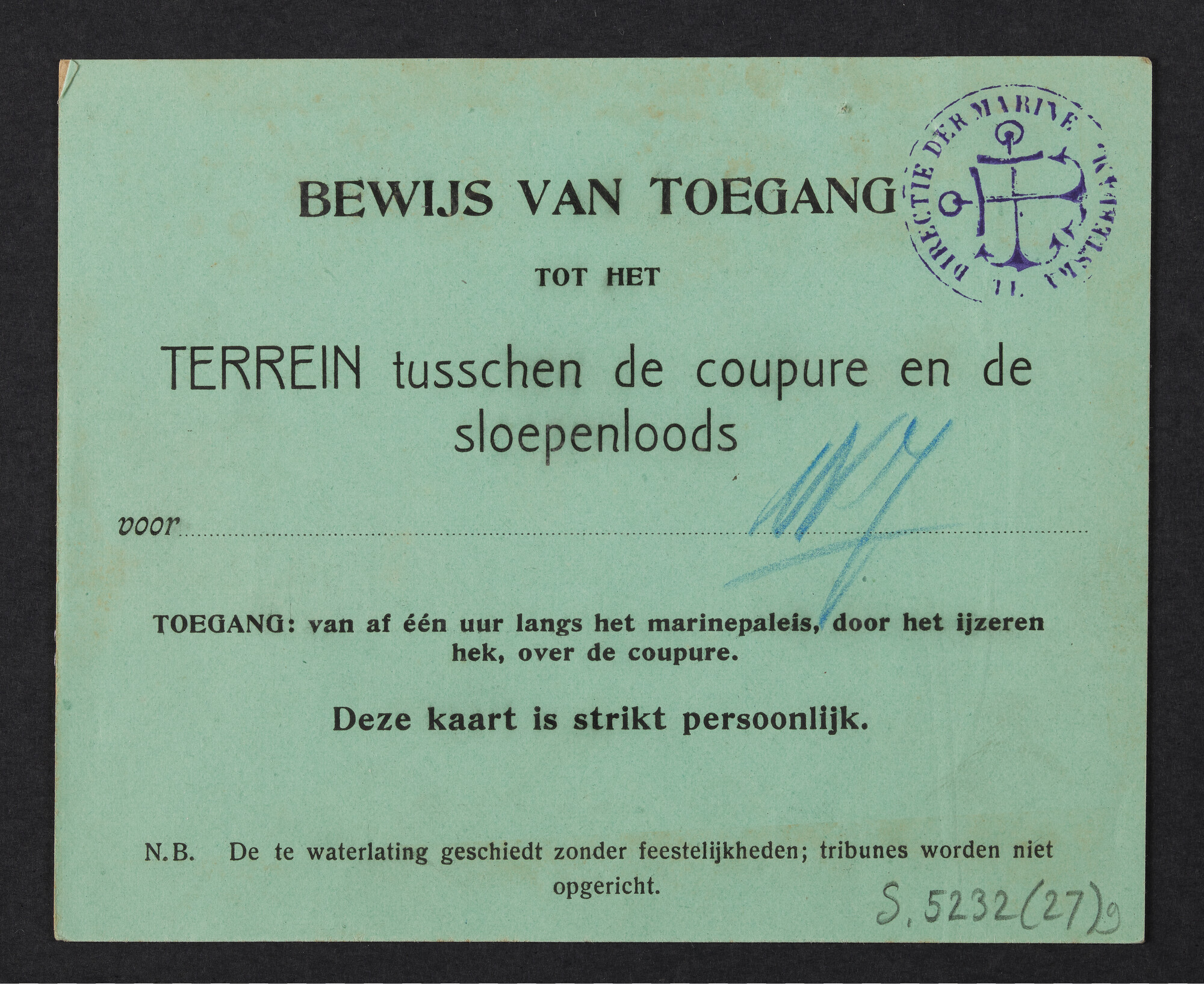S.5232(27)9; Toegangsbewijs tot de tewaterlating van pantserschip Hr.Ms. Marten Harpertsz. Tromp; toegangsbewijs