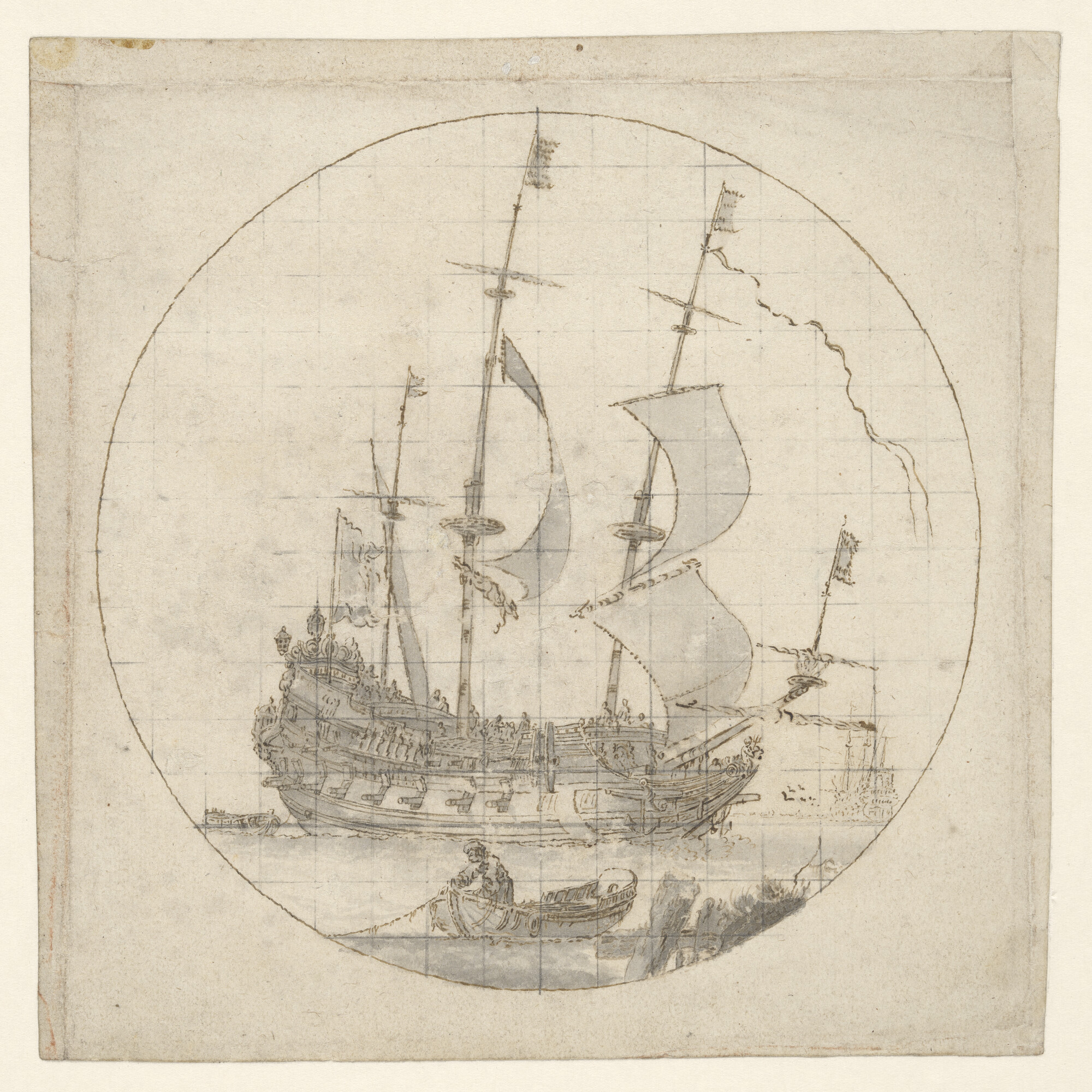 A.3446; Een van een rede onder zeil gaand linieschip (oorlogsfregat), gezien van stuurboord, getekend in een cirkel met lijnenraster; tekening