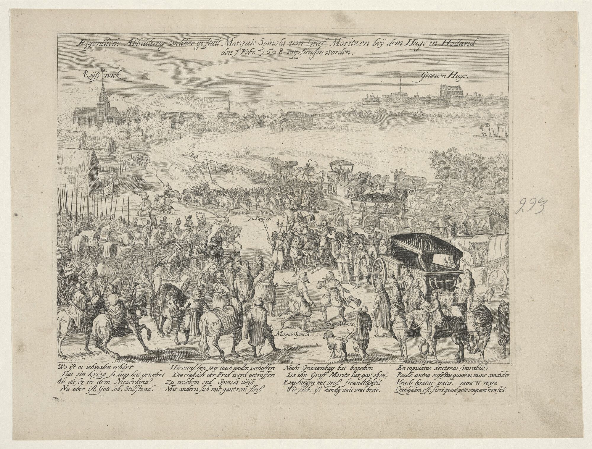 A.0145(027)356; Ontvangst van Spinola buiten 's-Gravenhage, 1 februari 1608; prent