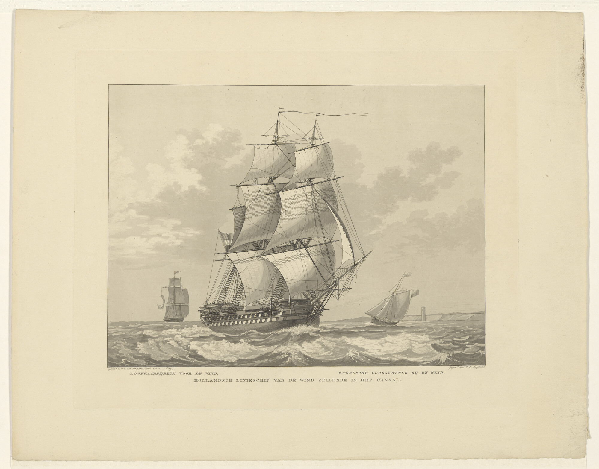 A.0149(0702); Een Hollands linieschip in het Kanaal; prent