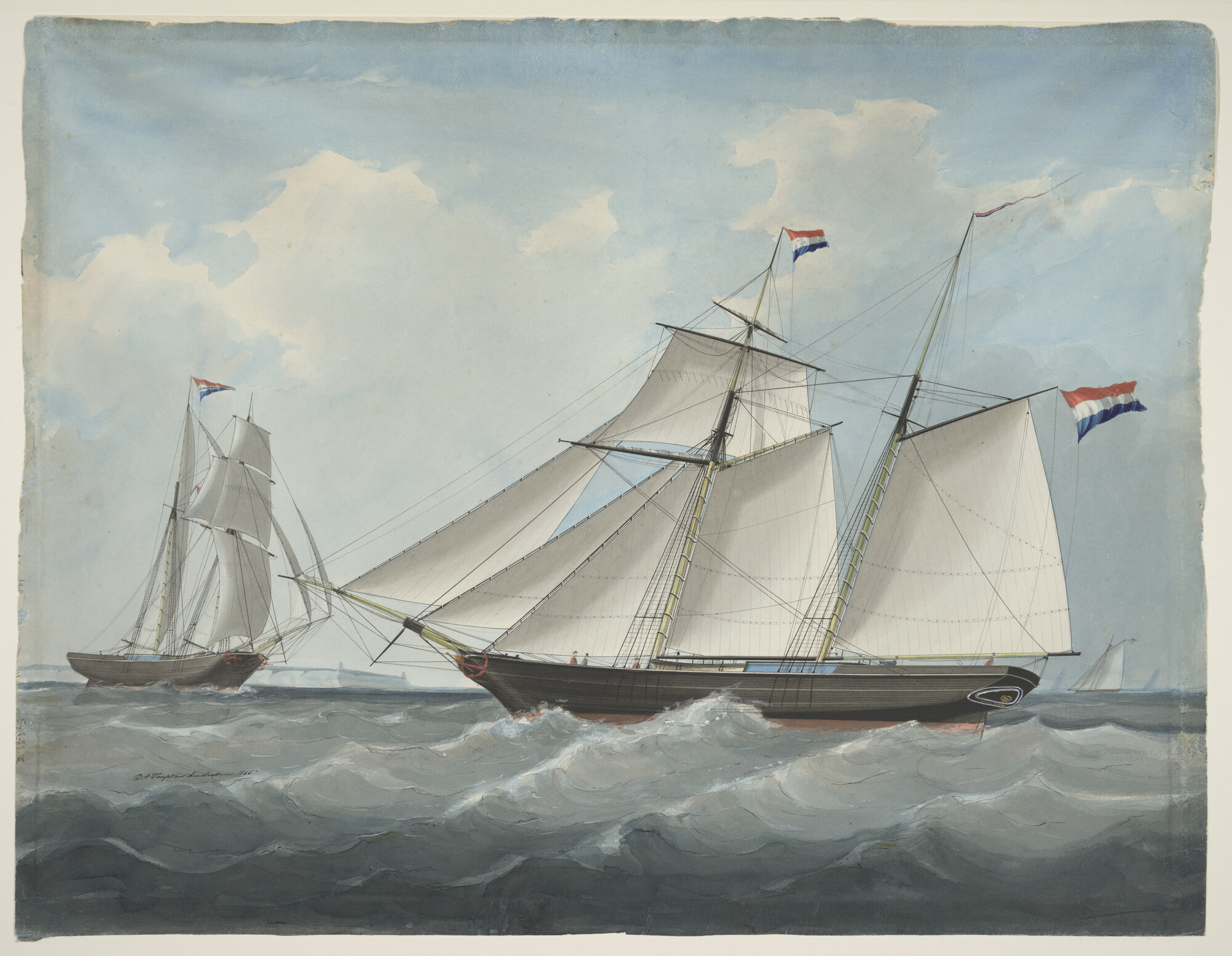 S.3430; Het schoenerschip 'Cornelia Wilhelmina' in het Engelse Kanaal; tekening