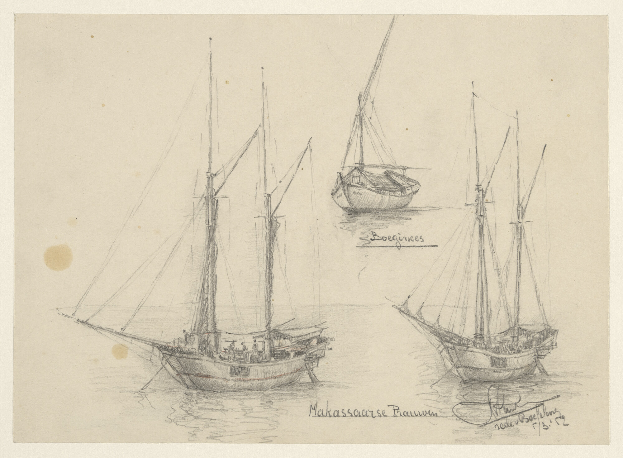 S.4824(12); Drie studies van prauwen in Indonesië; tekening