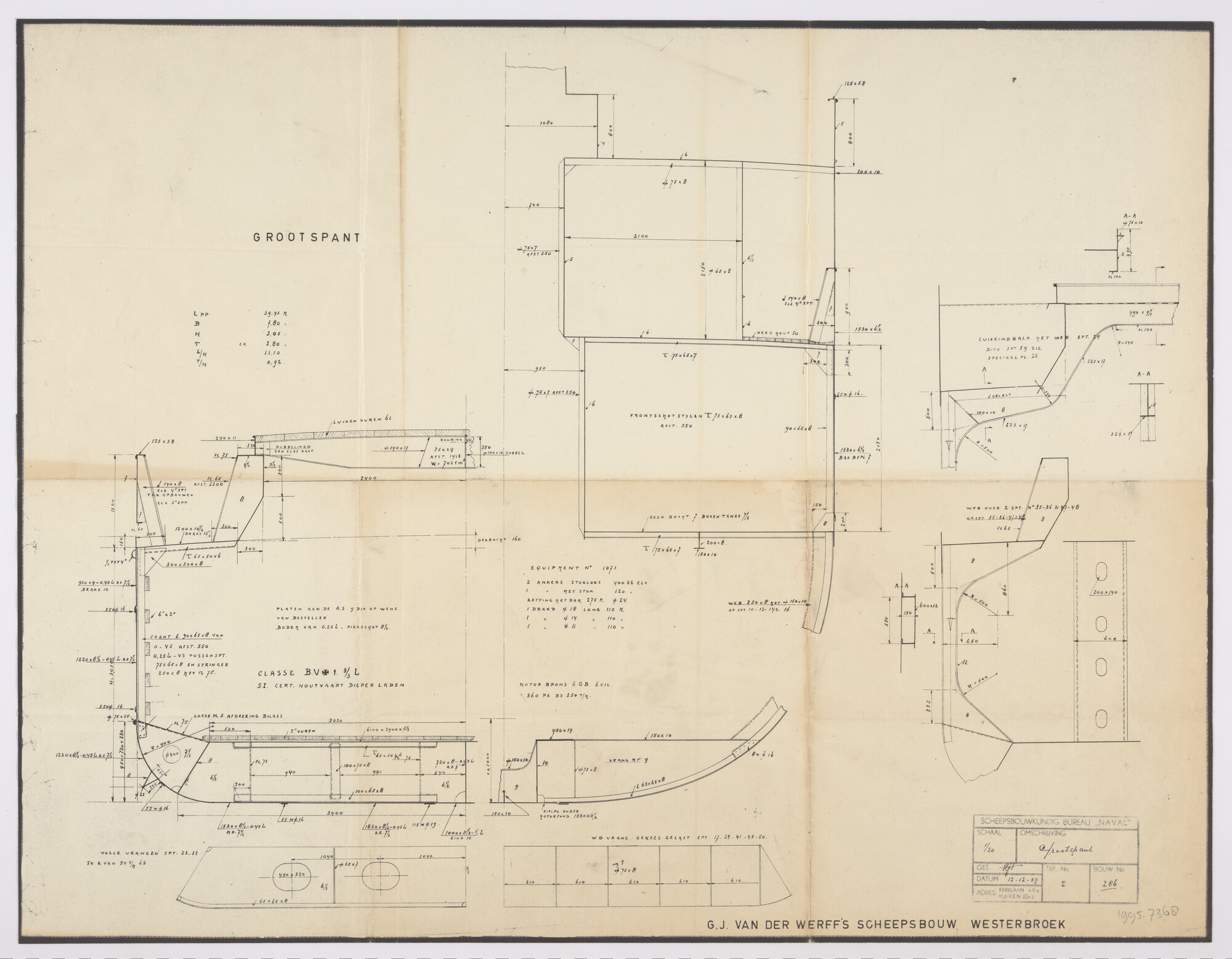 1995.7368; Grootspanttekening (1:20) van de coaster ms. 'Betty Jean' van Van Stolk's Koninklijke Commissie Handel [...]; technische tekening