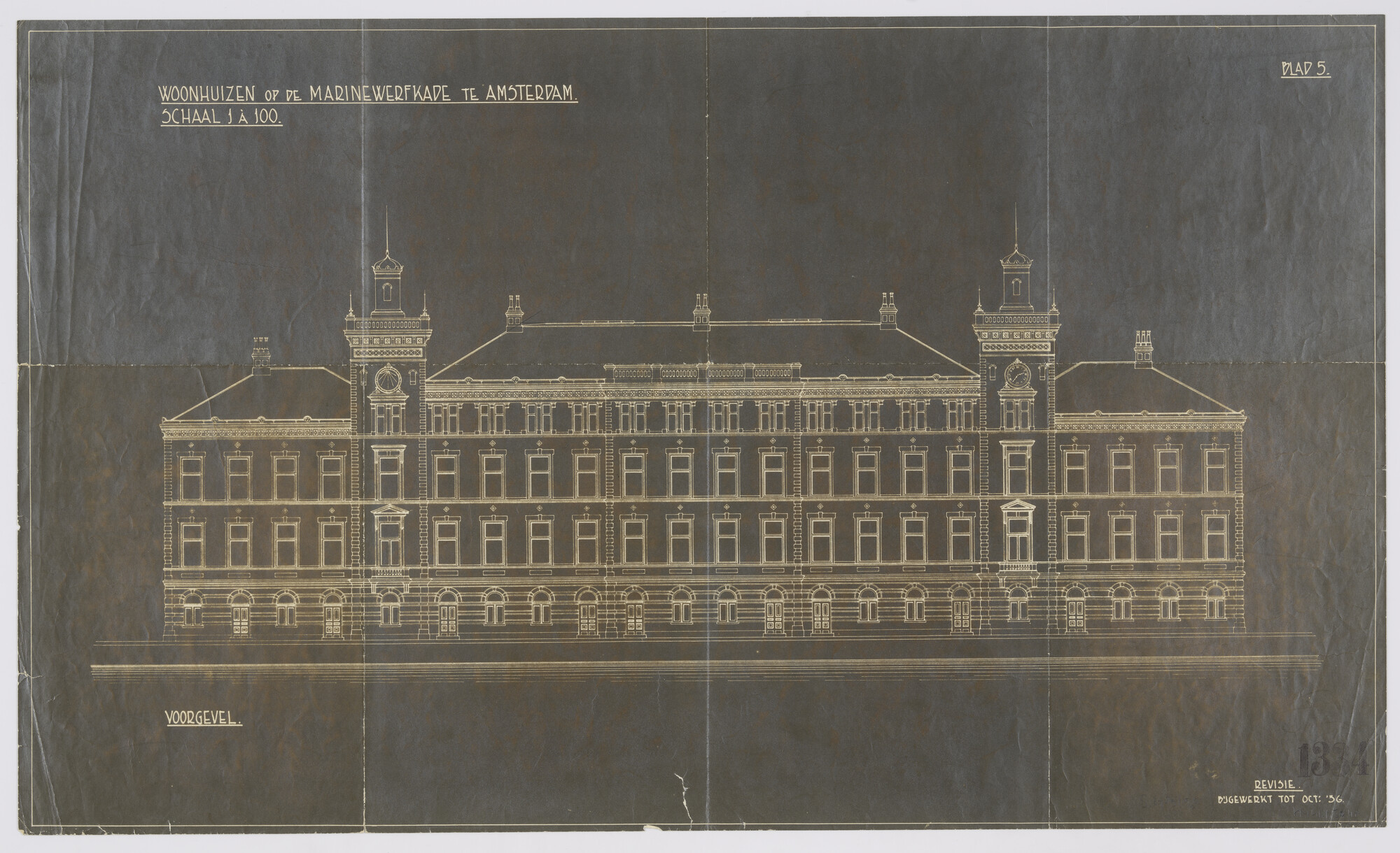 S.6789(05)a; Plattegrond van het Marine Etablissement te Amsterdam, vooraanzicht van het 'Paleis'; technische tekening