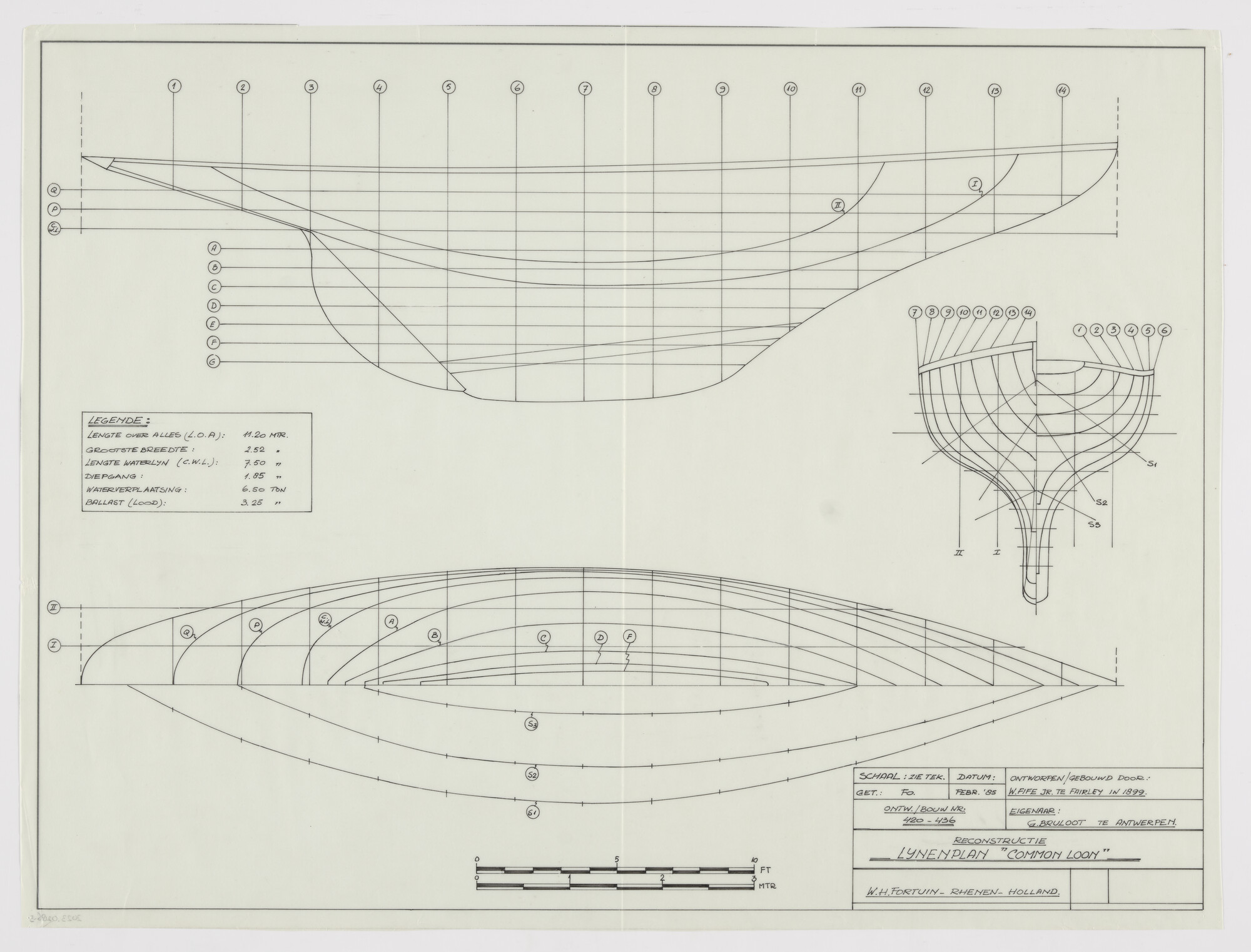 2023.0286-5; Technische tekening van het oudste zeiljacht in de VKSJ, Common Loon; technische tekening