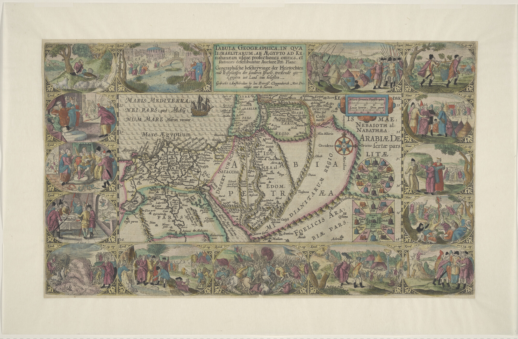 S.2960b; Met de hand gekleurde kaart van Israel, Kanaan en Egypte door Petrus Plancius (1552-1622), Uitgave Jan Evertsz. Cloppenburg, Amsterdam, circa 1604; landkaart