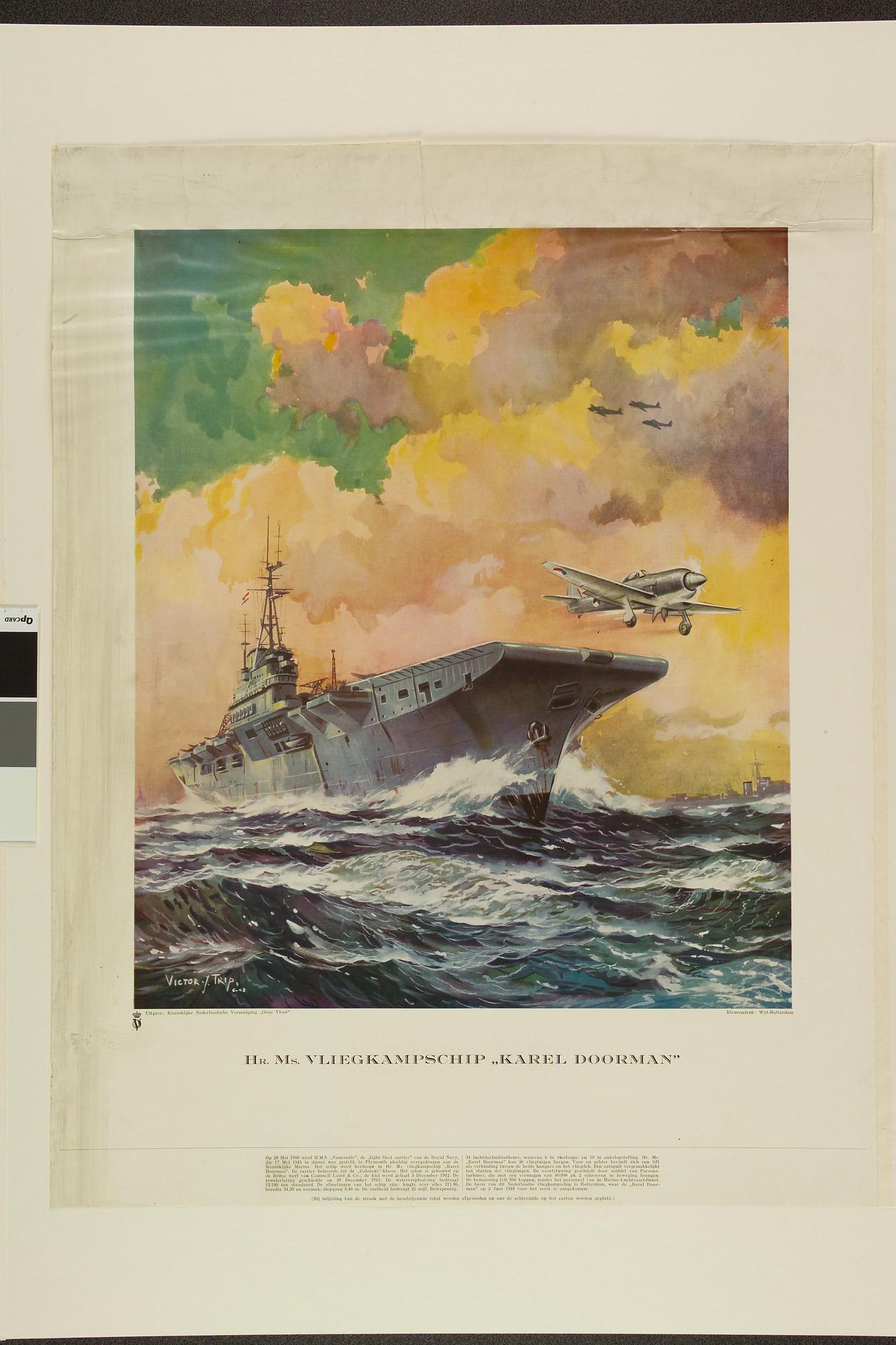S.2361 [nr 0001]; Het vliegkampschip Hr.Ms. 'Karel Doorman' (QH 1); prent