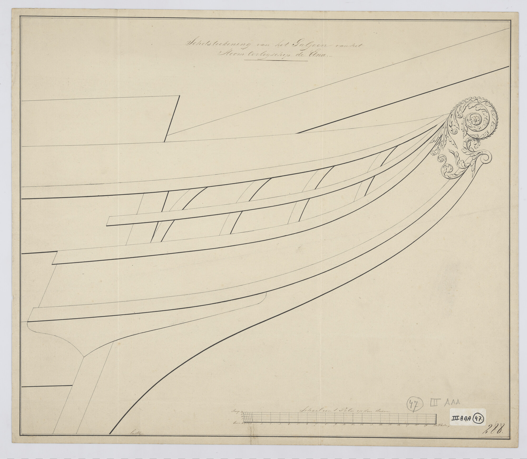S.1214(0212); Galjoen van het stoomraderschip Zr.Ms. 'Etna'; technische tekening