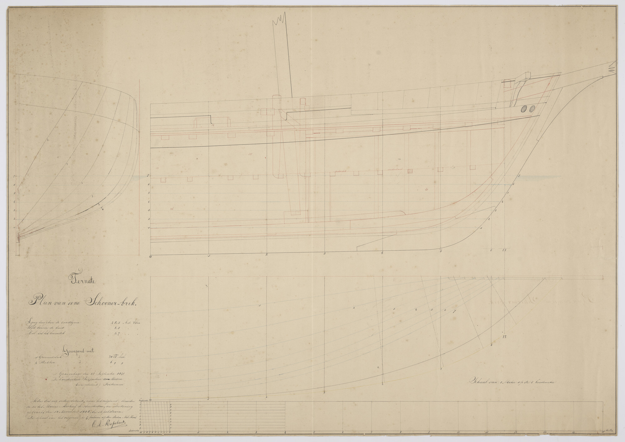 S.0804(29)05a; Lijnenplan van de schoenerbrik Zr.Ms. 'Ternate'; technische tekening