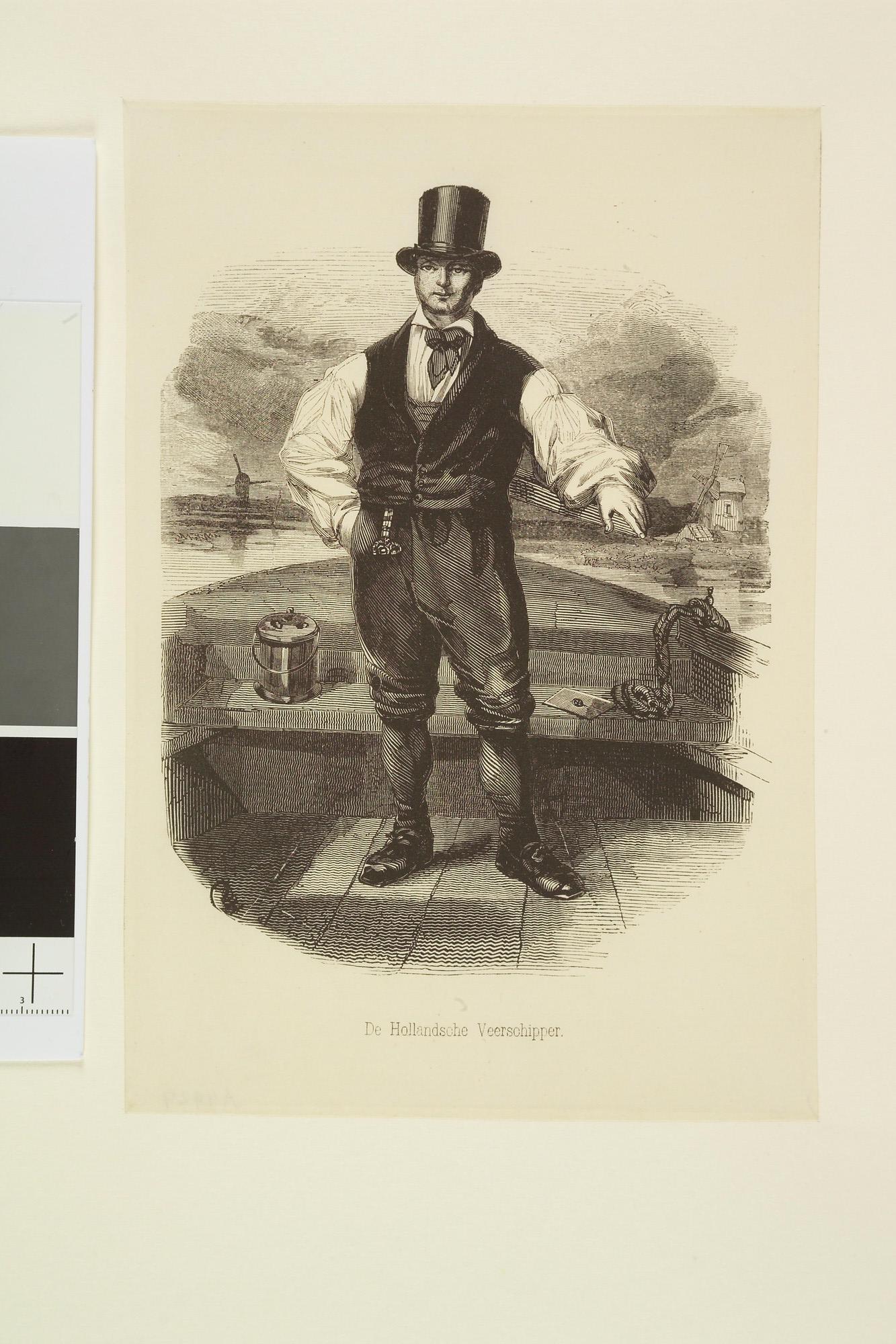 A.4943; 'Een Hollandsche veerschipper'. Een schipper aan het roer van een binnenschip; prent