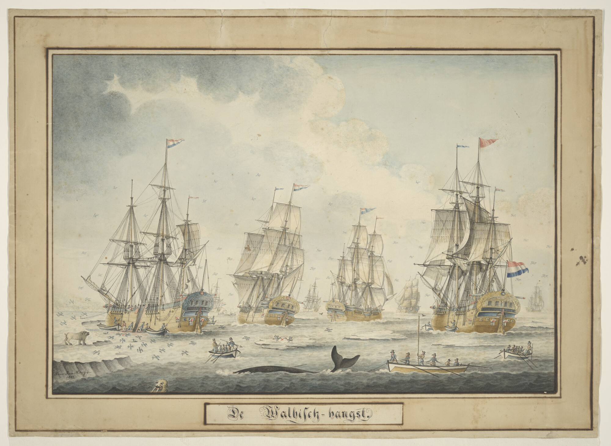 S.4317(10); 'De Walvisch-vangst': Een vloot walvisvaarders; tekening
